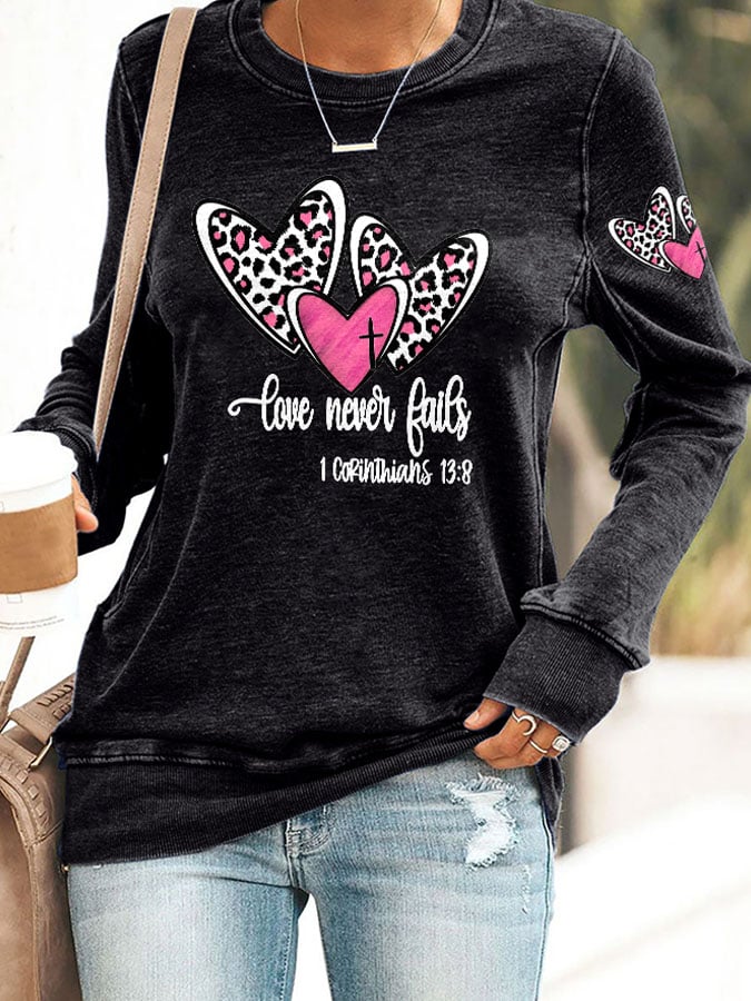 Women's Love Never Fails Heart Printed Casual Sweatshirt