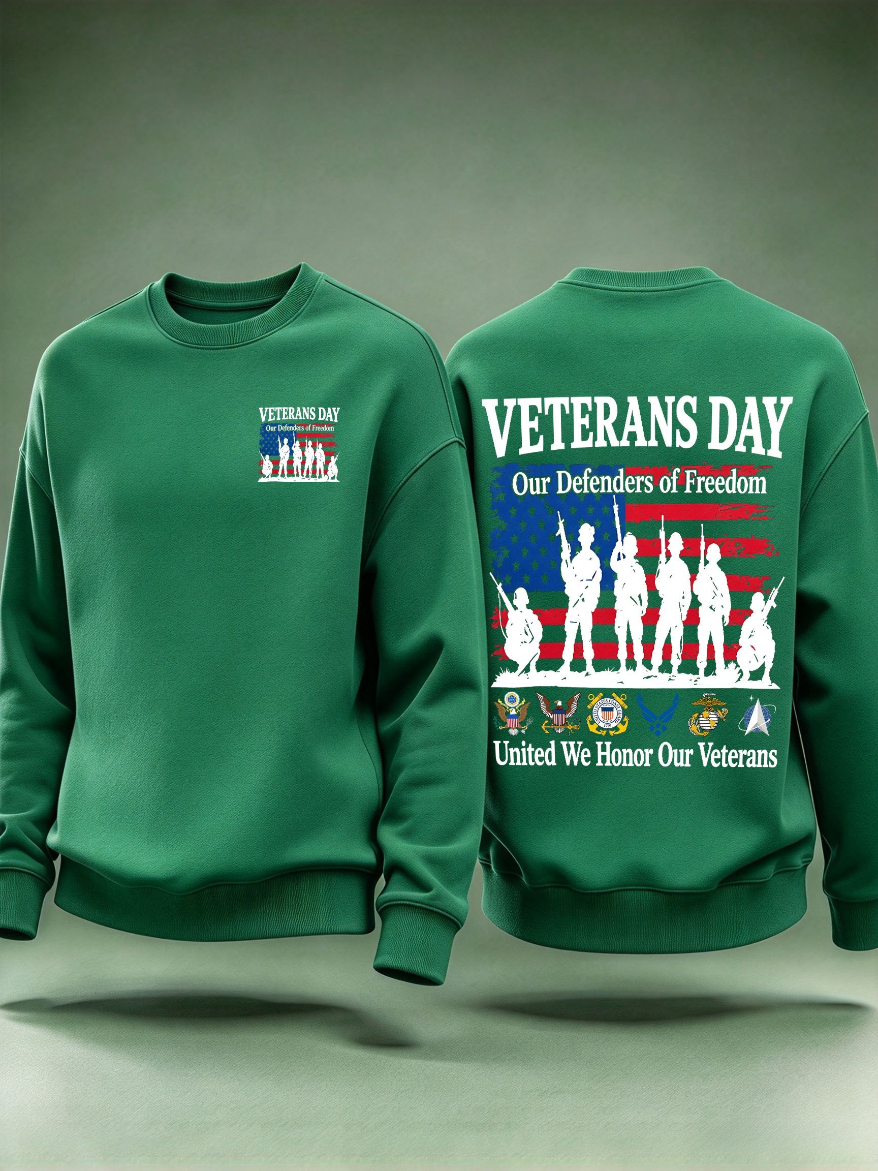 Men's Veterans Day Sweatshirt, Our Defenders of Freedom American Flag and Soldier Silhouettes