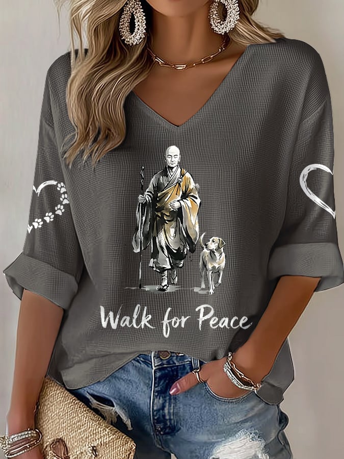 V-Neck Retro Walk For Peace Monks With Aloka Dog Print T-Shirt