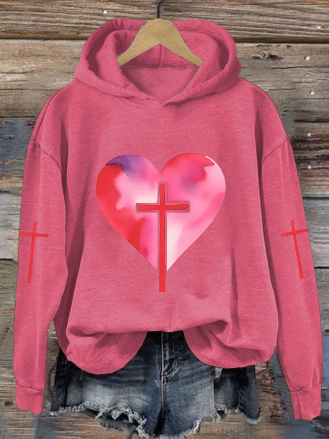 Women's Valentine's Day Heart With Cross Print Hoodie