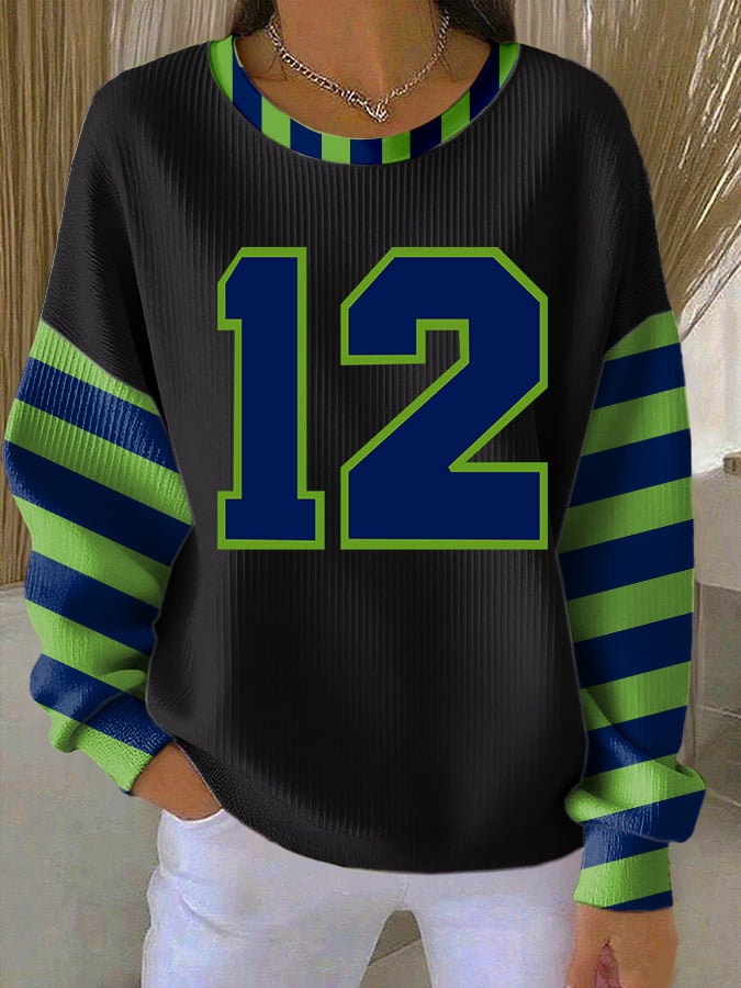 Women's Football Print Knit Crew Neck Long Sleeve Top