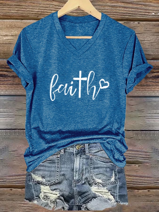 Women's Faith Cross Print Casual V-Neck T-Shirt