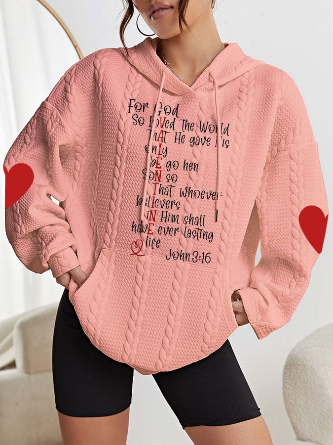Women's Valentine's Day For God So Loved the World Print Casual Cable Hoodie