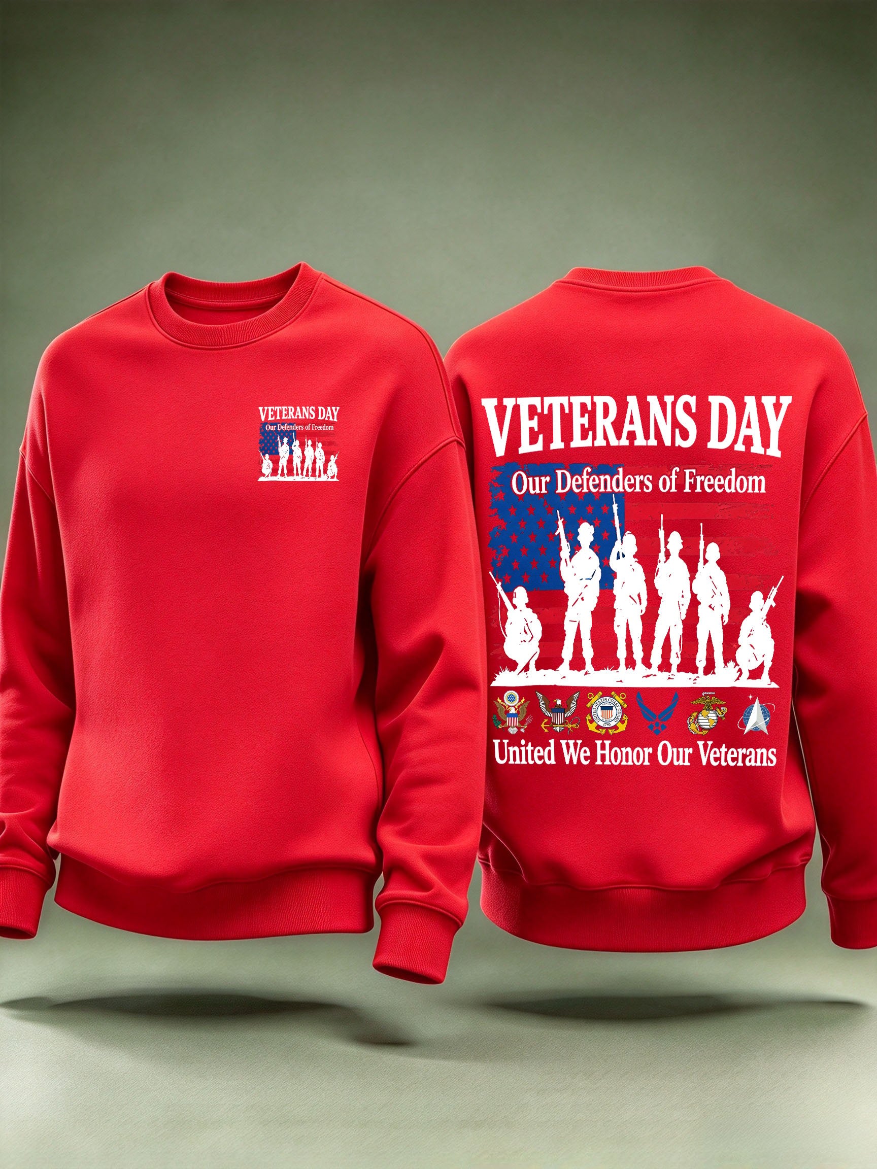 Men's Veterans Day Sweatshirt, Our Defenders of Freedom American Flag and Soldier Silhouettes