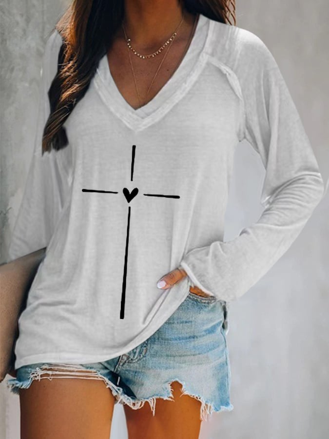 Women's Faith Cross Printed Casual Long Sleeve T-Shirt