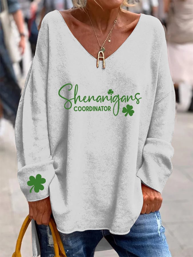 Women's St. Patrick's Day "Shenanigans Coordinator" Printed V-Neck Long Sleeve Top