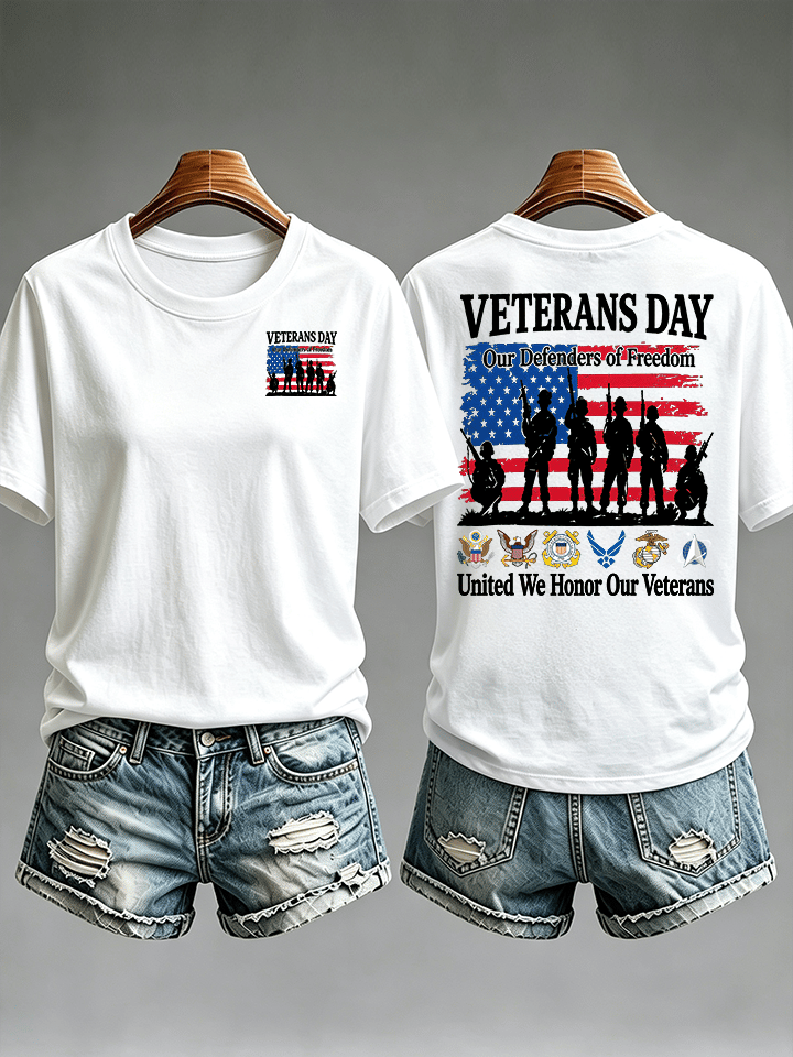 Women's Veterans Day Shirt, Our Defenders of Freedom American Flag and Soldier Silhouettes