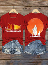 V-Neck Retro Walk For Peace Monks With Aloka Dog Print T-Shirt