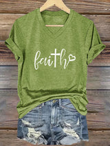 Women's Faith Cross Print Casual V-Neck T-Shirt