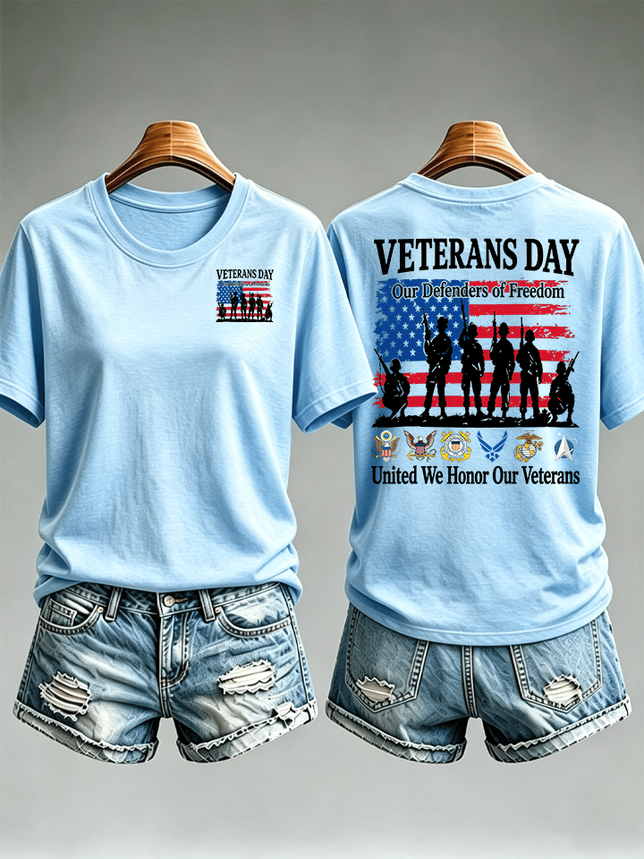 Women's Veterans Day Shirt, Our Defenders of Freedom American Flag and Soldier Silhouettes