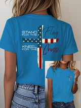 Women's Stand For The Flag Kneel For The Cross Printed Casual T-Shirt