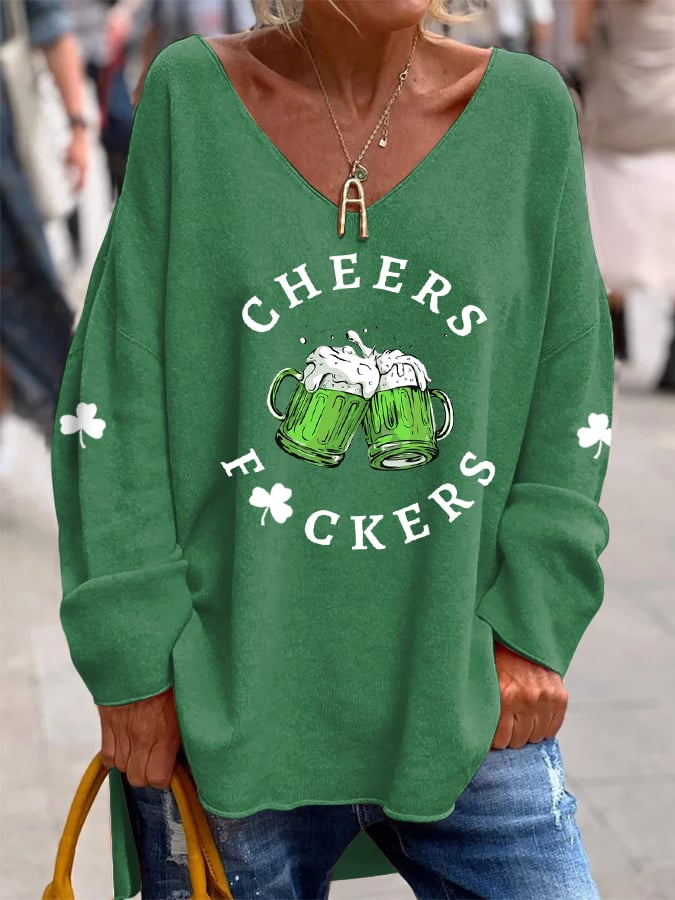 Women's Funny St. Patrick's Day Cheers Green Beer Shamrock Print Casual V-Neck Top