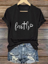 Women's Faith Cross Print Casual V-Neck T-Shirt
