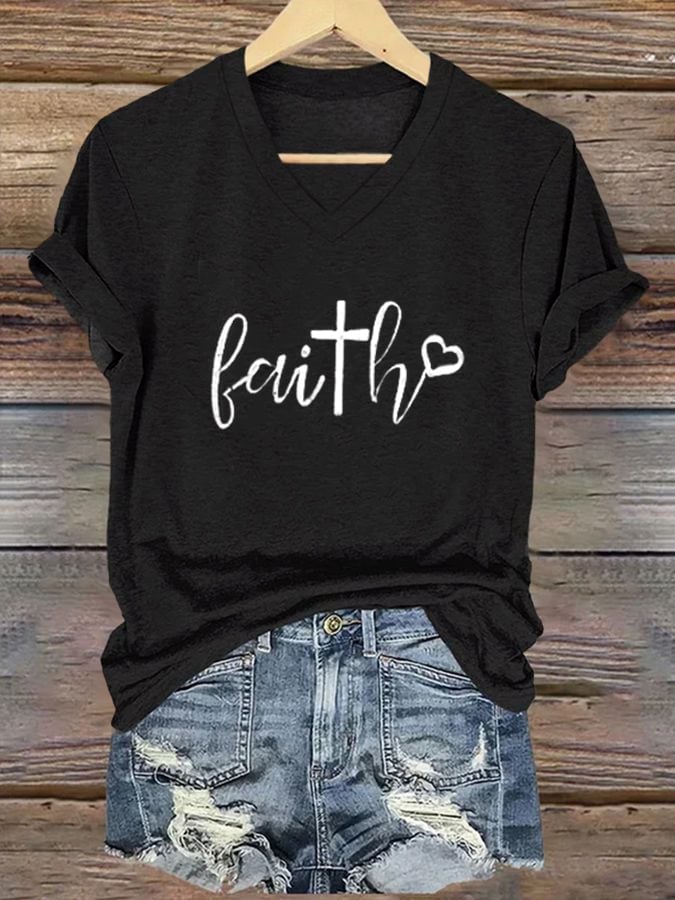 Women's Faith Cross Print Casual V-Neck T-Shirt