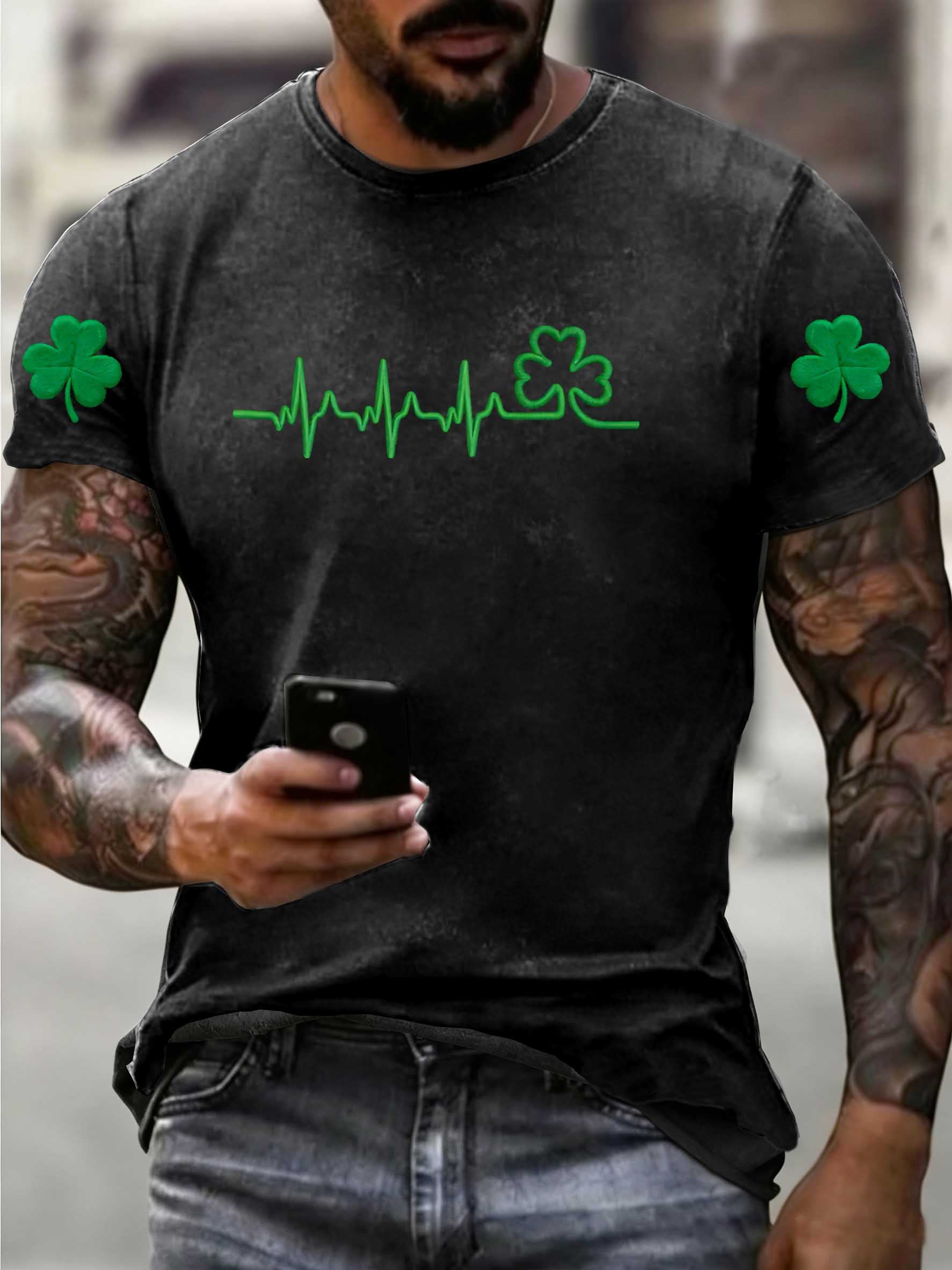 Women's St. Patrick's Day Pattern Washed Distressed Crew Neck 100% Cototon T-Shirt