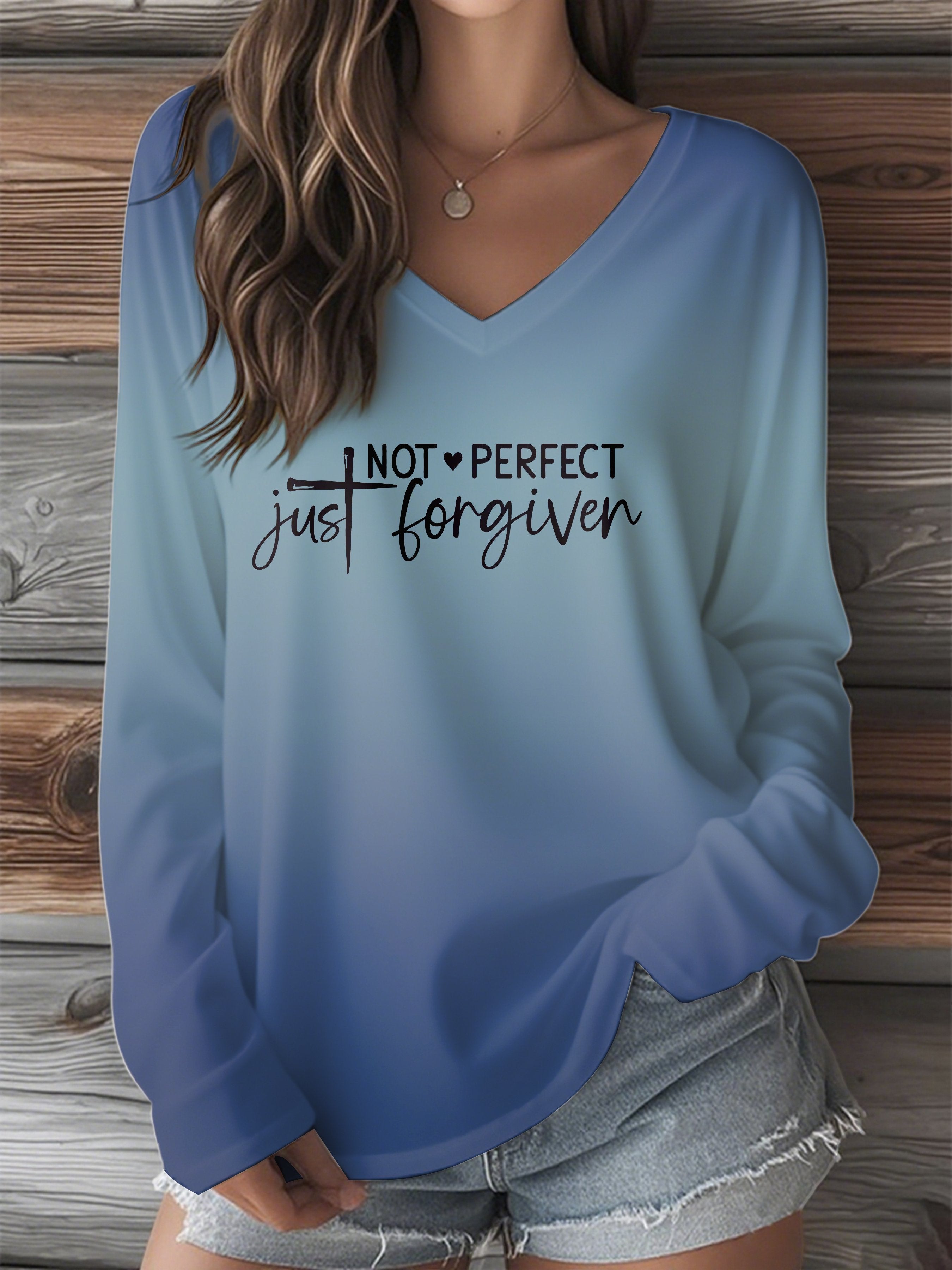 Women's Not Perfect Just Forgiven Printed V-Neck Long Sleeve T-Shirt