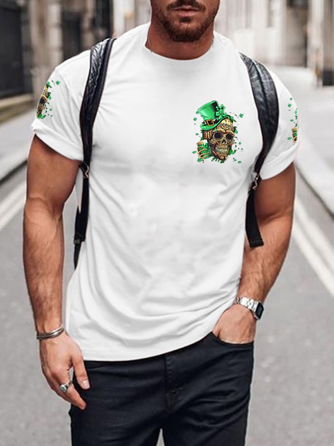 Men's St. Patricks Day St. Patricks Day Hello Darkness My Old Friend Beer Skull Print T-Shirt