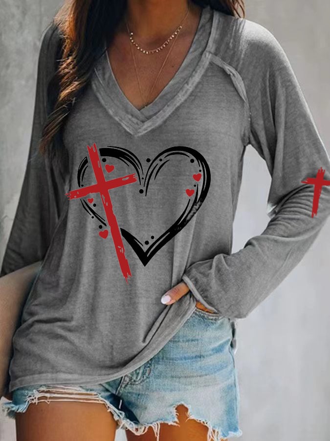 Women's Heart Cross Print T-Shirt