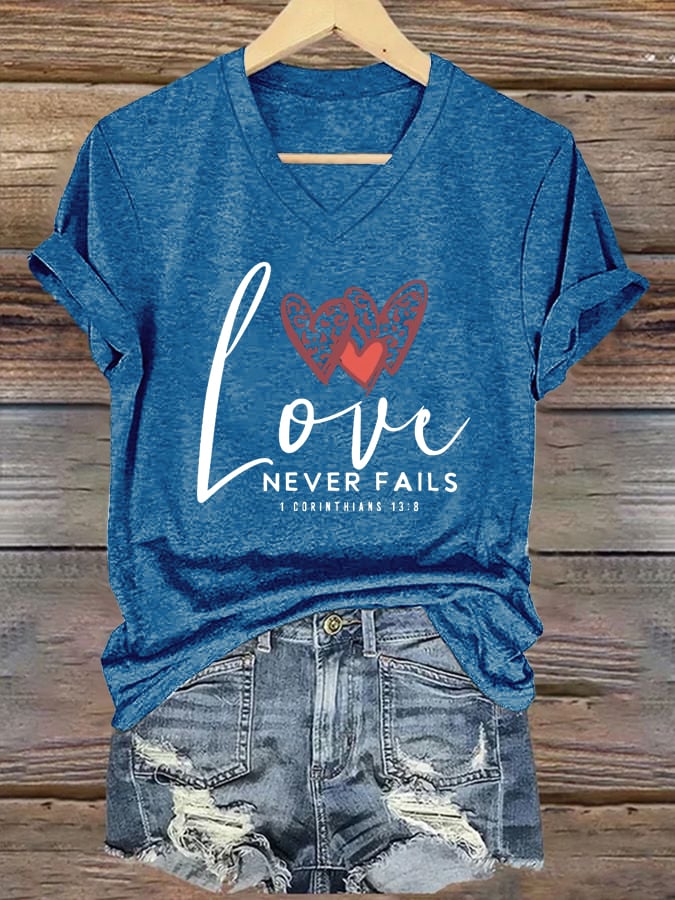 Women's Love Never Fails Printed Casual V-Neck T-Shirt
