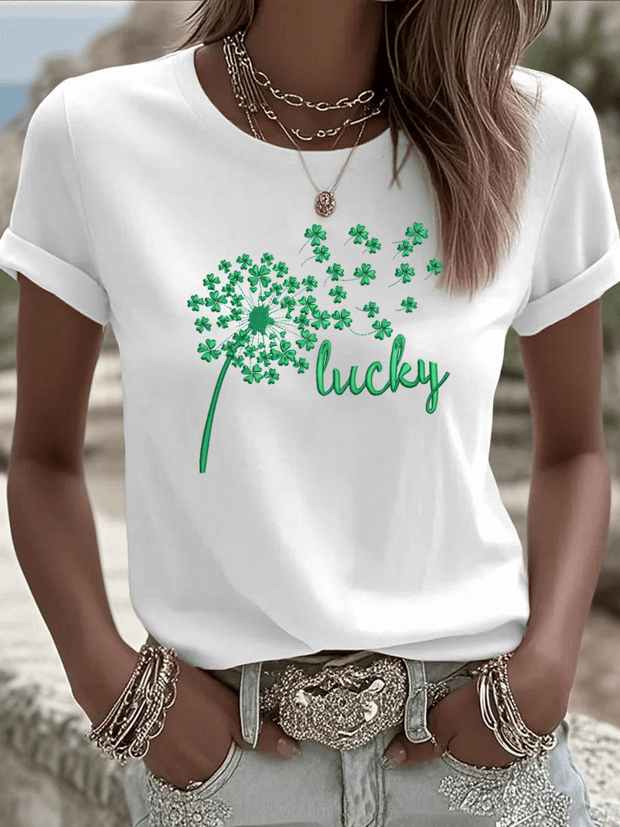 St. Patrick'S Day Lucky Dandelion Pattern Round-Neck 100% Cotton 180g T-Shirt
