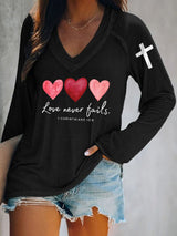 Women's Love Never Fails Heart Print V Neck T-Shirt