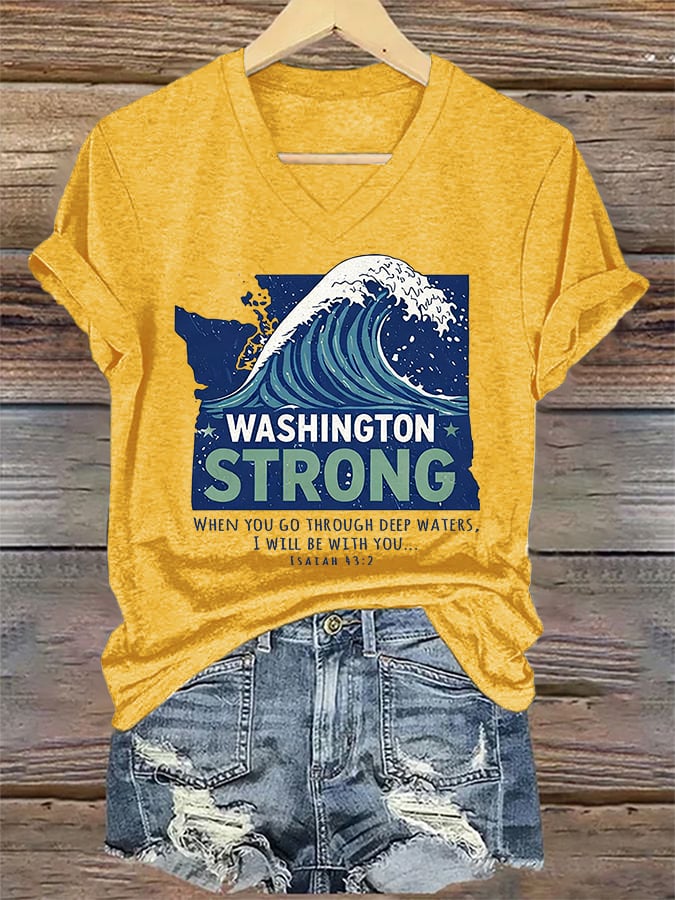 V-Neck Retro Washington Strong When You Go Through Deep Waters, I Will Be With You Isaiah 43:2 Print T-Shirt
