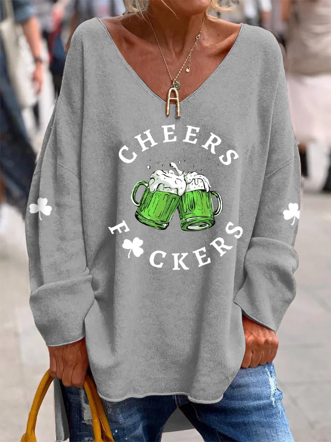 Women's Funny St. Patrick's Day Cheers Green Beer Shamrock Print Casual V-Neck Top