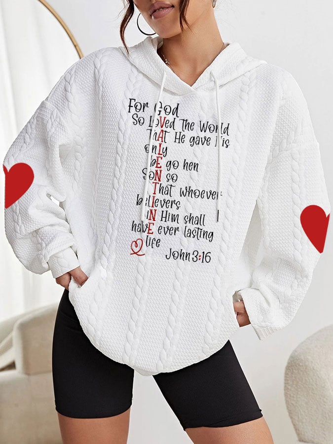 Women's Valentine's Day For God So Loved the World Print Casual Cable Hoodie