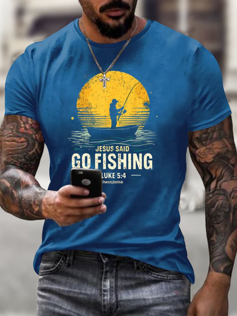 Men's Jesus Said Go Fishing Printed Casual T-shirt