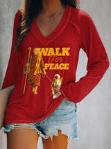 V-neck Retro Walk For Peace Monks With Aloka Dog Print T-Shirt