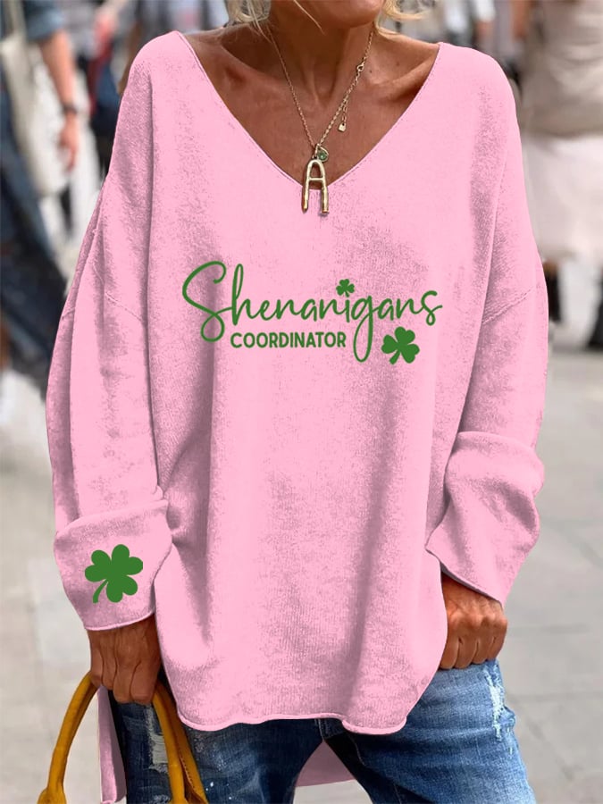 Women's St. Patrick's Day "Shenanigans Coordinator" Printed V-Neck Long Sleeve Top