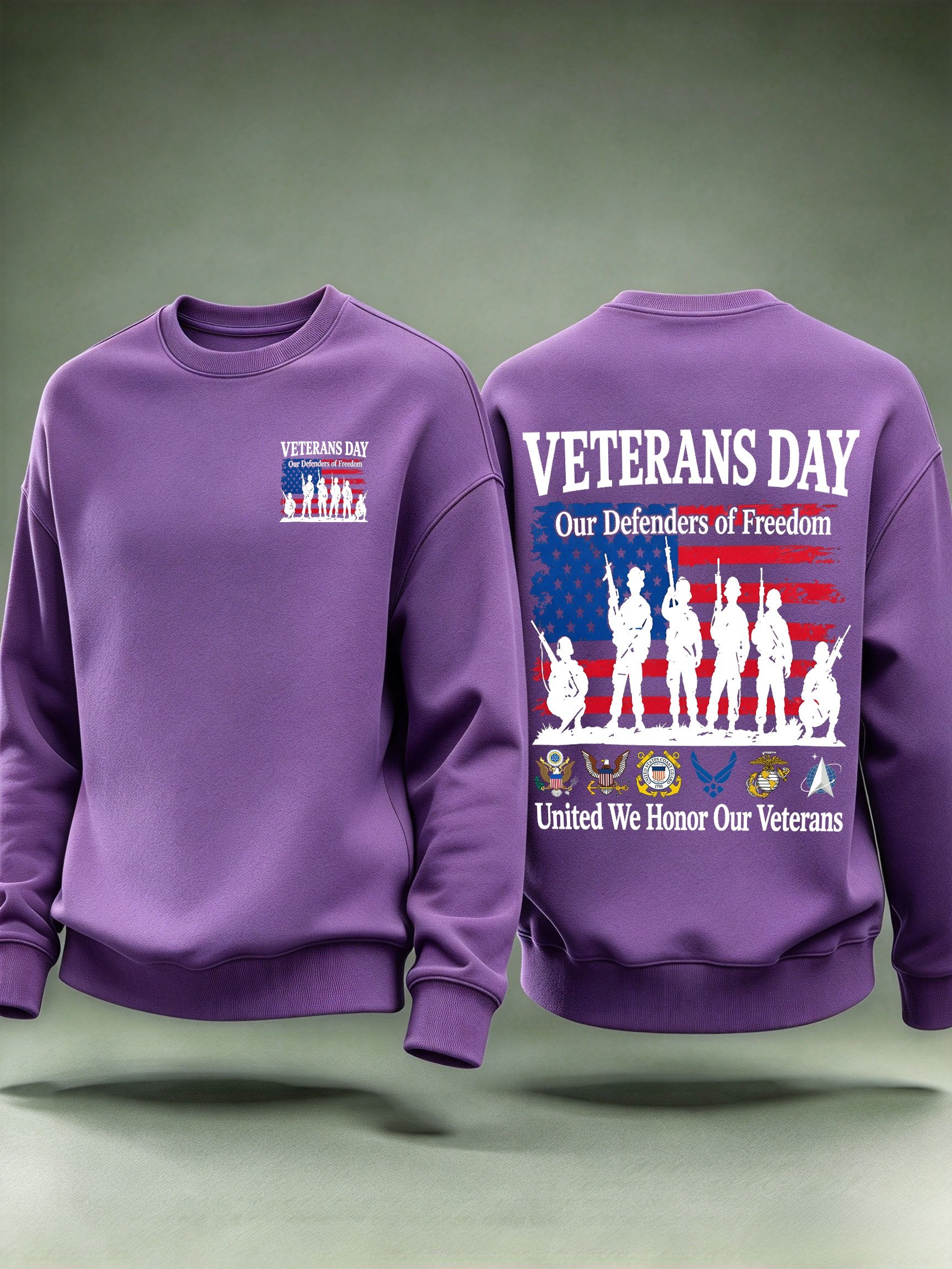 Men's Veterans Day Sweatshirt, Our Defenders of Freedom American Flag and Soldier Silhouettes