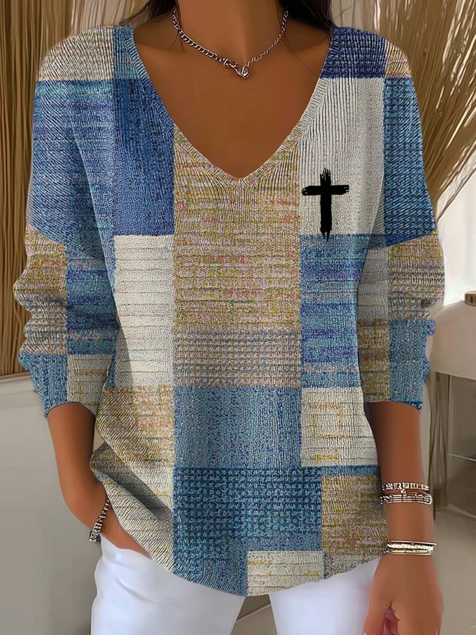 Women's Casual Retro Color Block Faith Ribbed Long-Sleeved Top