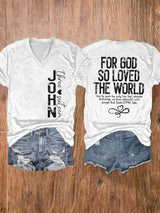 Women's John 3:16 For God So Loved The World Printed V-Neck T-Shirt