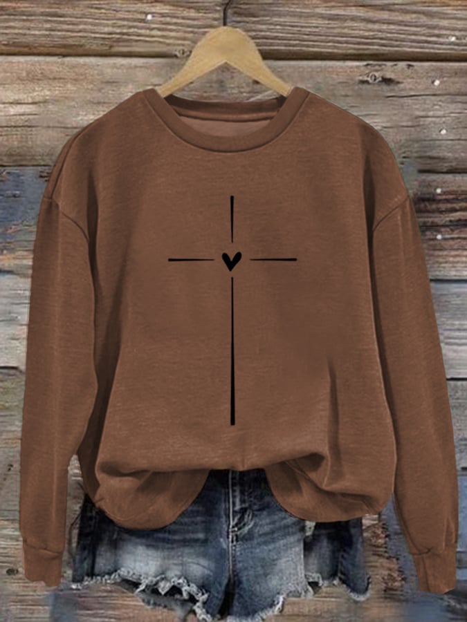 Women's Christian Cross Printed Round Neck Long Sleeve Sweatshirt