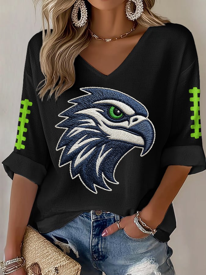 Women's Football Print Waffle Long Sleeve T-Shirt