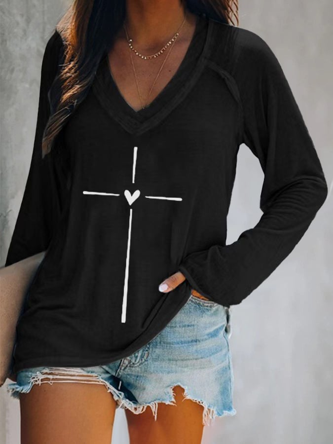 Women's Faith Cross Printed Casual Long Sleeve T-Shirt
