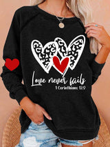 Women's Love Never Fails Heart Print Round Neck Sweatshirt