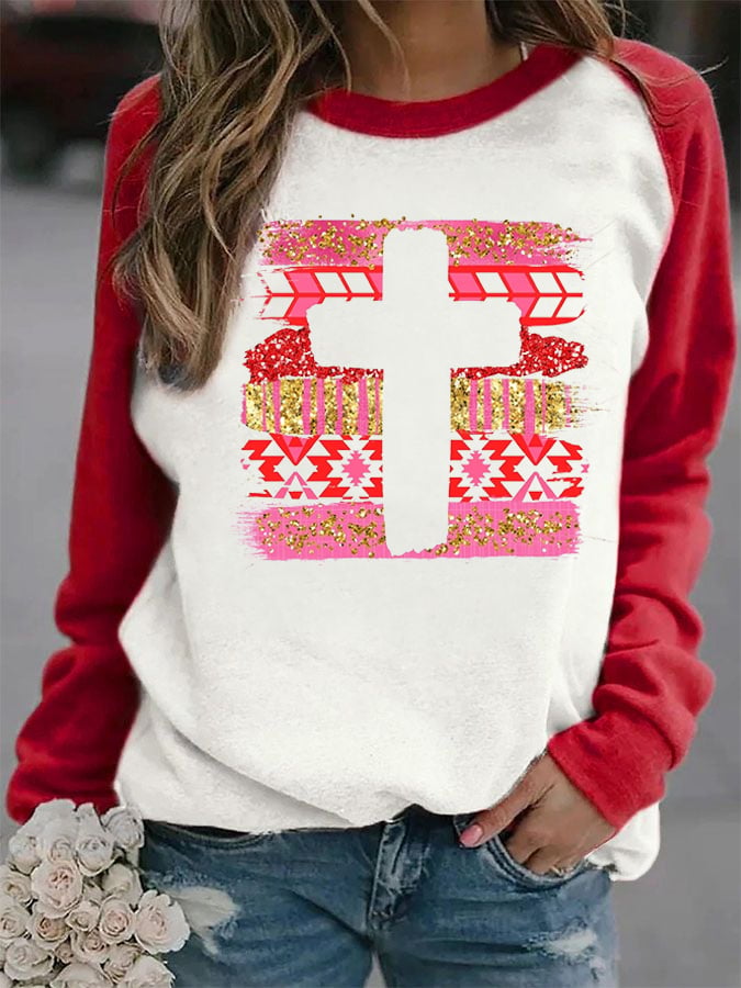 Women's Valentine's Day Cross Print Casual Long Sleeve Hoodie