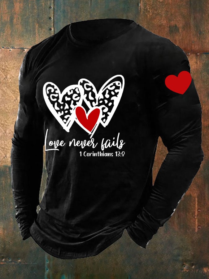 Men's Love Never Fails Heart Print Long Sleeve Top