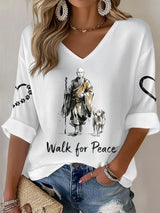 V-Neck Retro Walk For Peace Monks With Aloka Dog Print T-Shirt