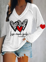 Women's Love Never Fails Heart Print V Neck T-Shirt