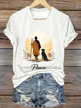 V-Neck Retro Walk For Peace Monks With Aloka Dog Print T-Shirt