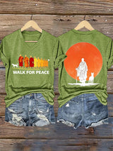 V-Neck Retro Walk For Peace Monks With Aloka Dog Print T-Shirt