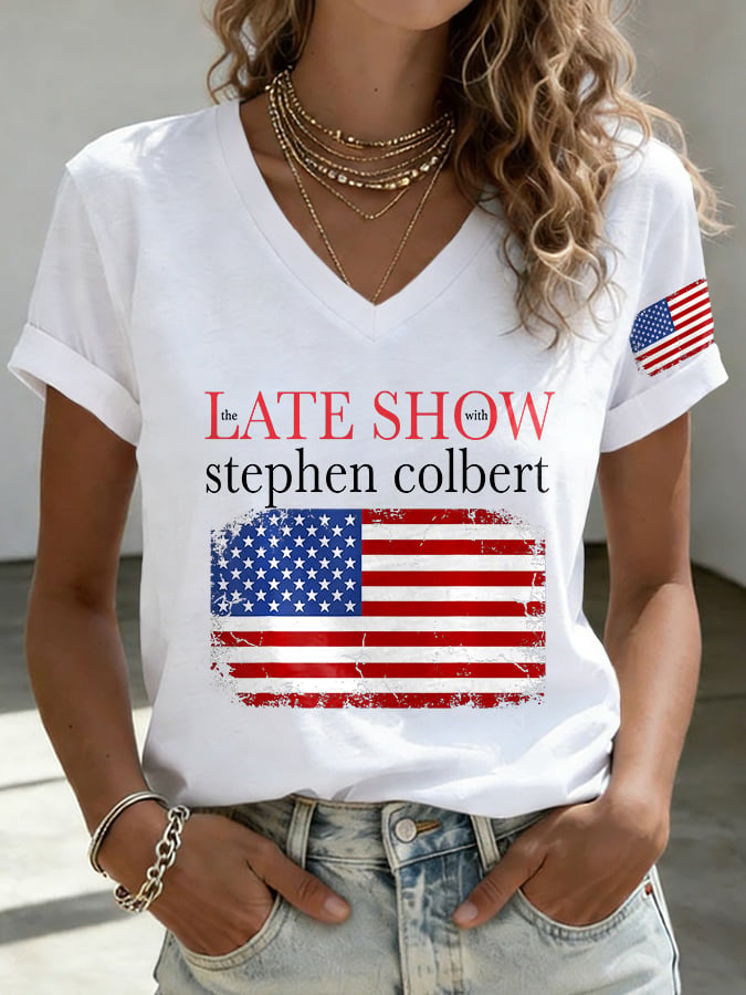 V-Neck Retro Last Show Print T-Shirt