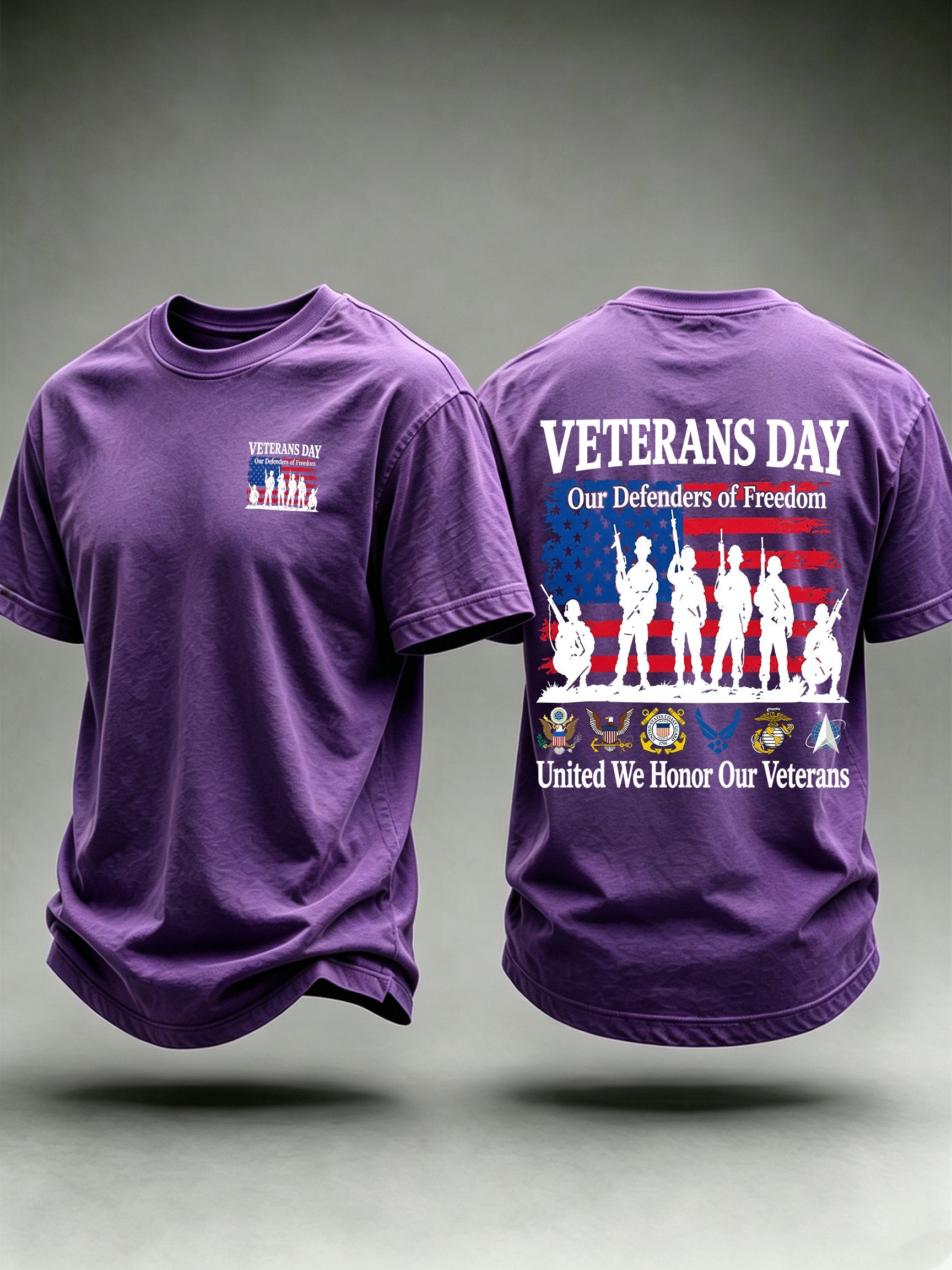 Men's Veterans Day Shirt, Our Defenders of Freedom American Flag and Soldier Silhouettes