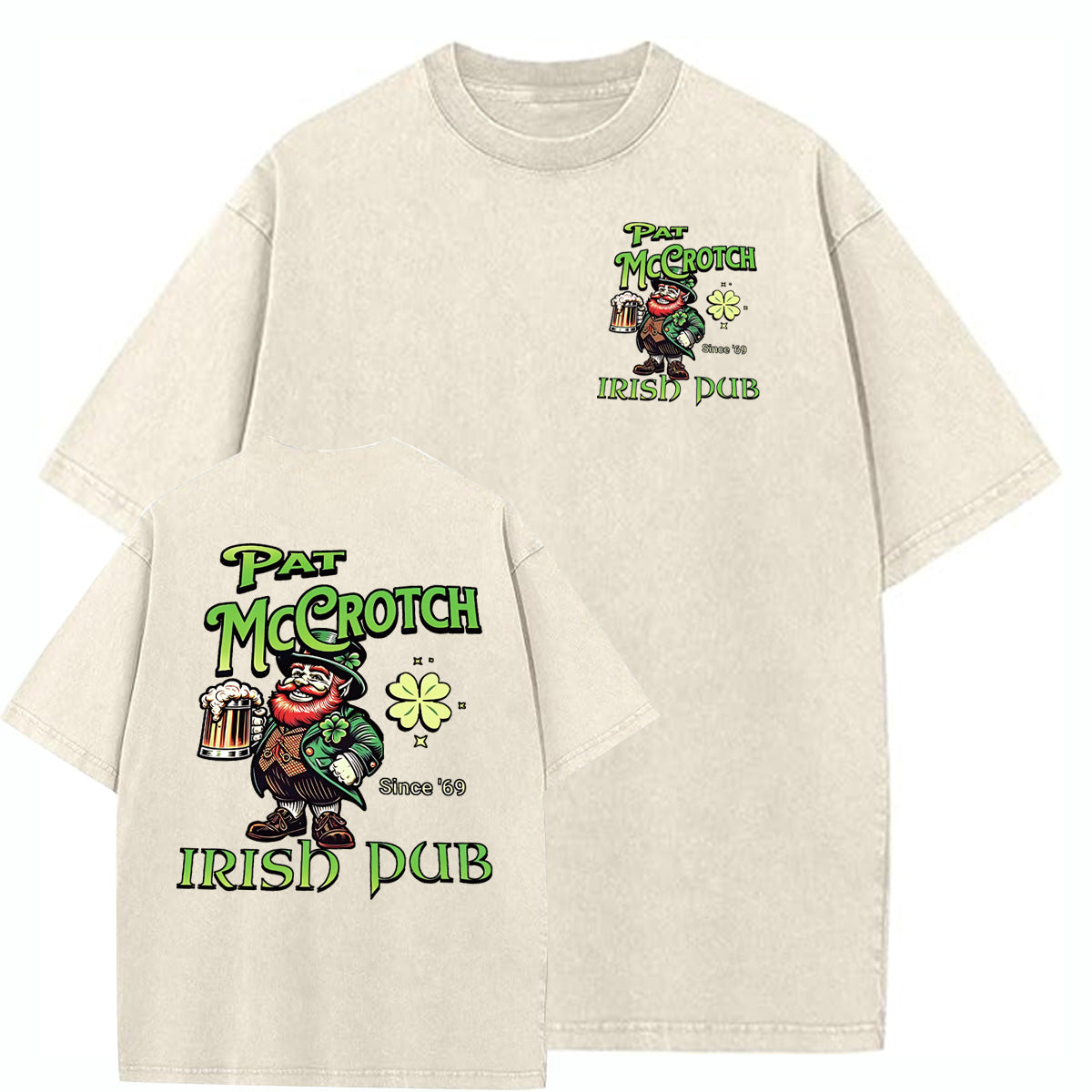 St.Patrick's Day Print Pattern Washed Distressed Crew Neck 100% Cototon T-Shirt