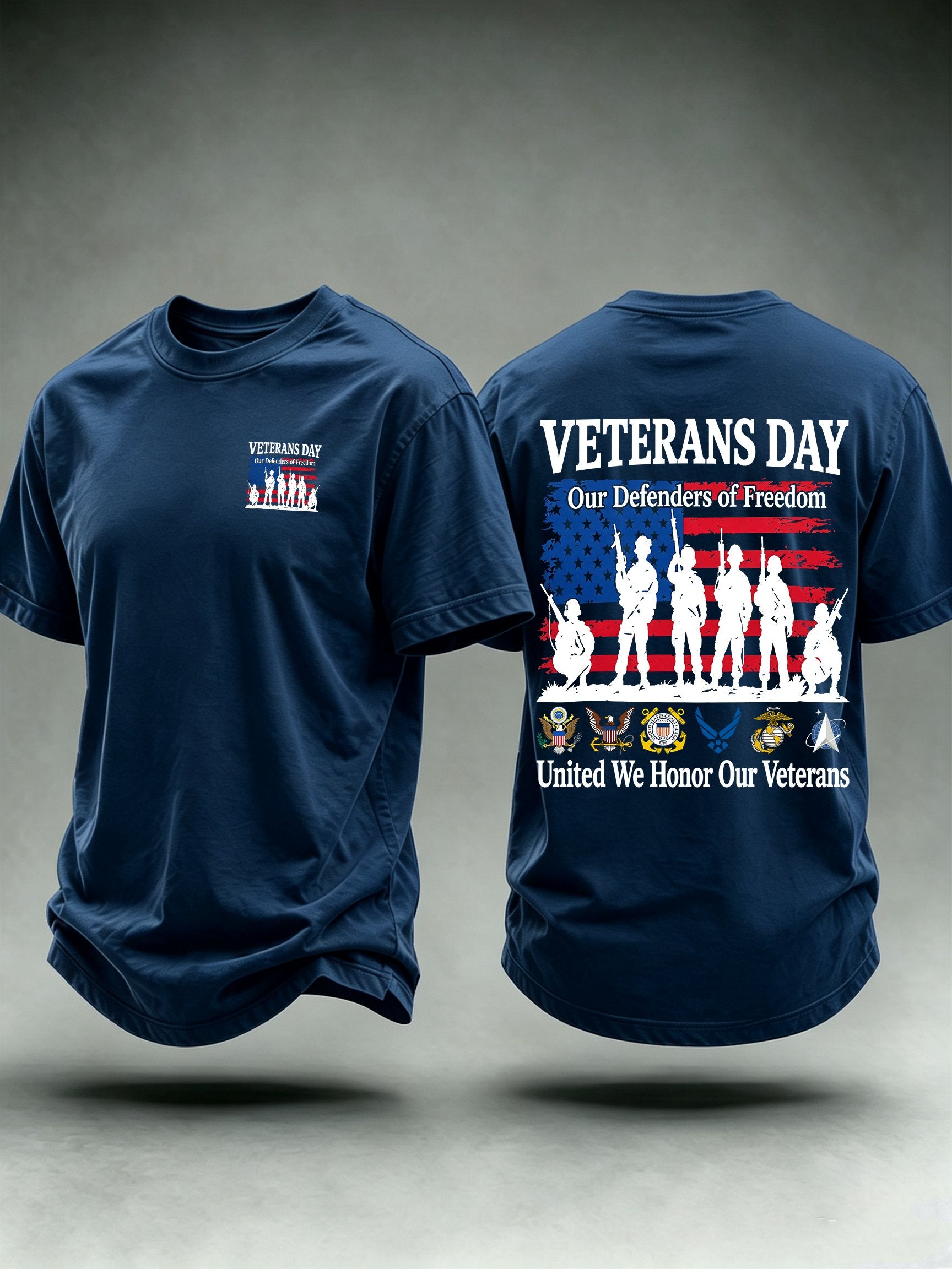 Men's Veterans Day Shirt, Our Defenders of Freedom American Flag and Soldier Silhouettes