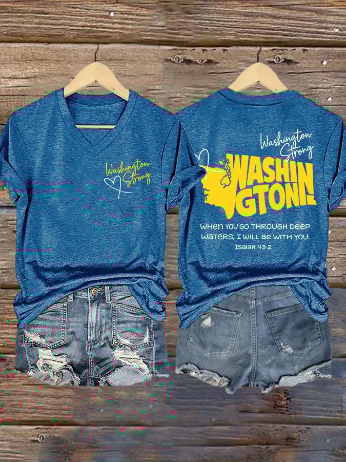 V-Neck Retro Washington Strong When You Go Through Deep Waters, I Will Be With You Isaiah 43:2 Print T-Shirt