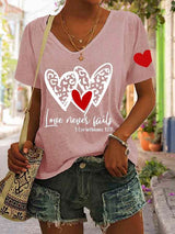 Women's Love Never Fails Heart Print V Neck Casual T-Shirt